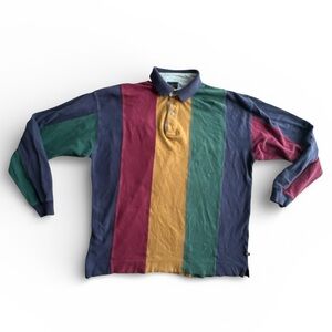 Vintage color-block rugby polo shirt retro 90’s striped long sleeve preppy Sz L